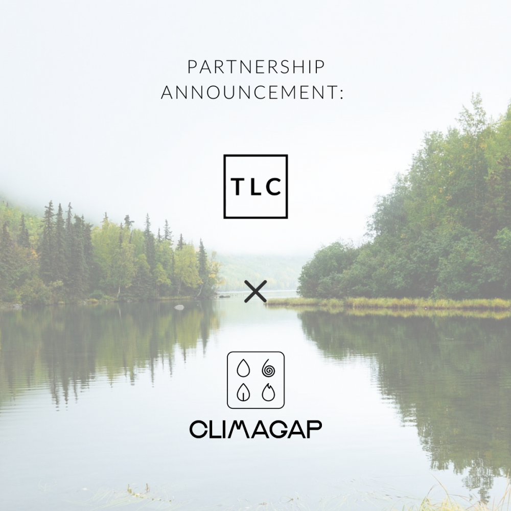Promotional graphic announcing partnership between TLC and Climagap 