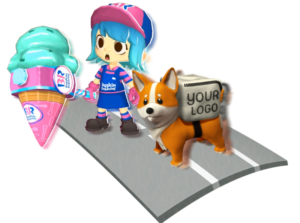Animated girl and corgi dressed in branded attire